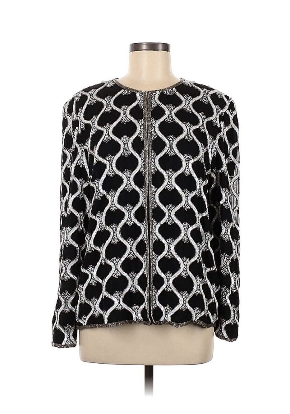 Papell Boutique Evening Silk Sequin Beaded Black White Jacket Medium